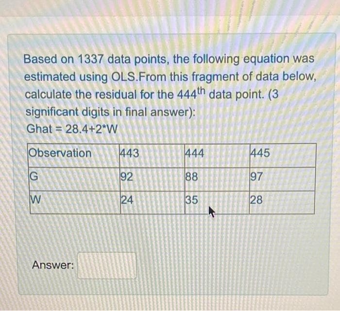 Based on 1337 data points, the following equation was
estimated using OLS.From this fragment of data below,
calculate the residual for the 444th data point. (3
significant digits in final answer):
Ghat = 28.4+2*W
Observation
443
444
445
G
92
88
97
W
24
35
28
Answer:
