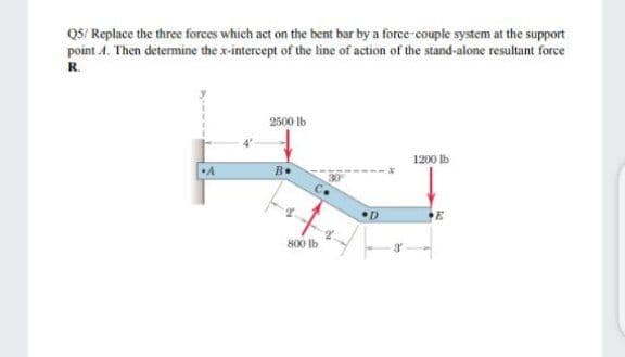 QS/ Replace the three forces which act on the bent bar by a force-couple system at the support
point A. Then determine the x-intercept of the line of action of the stand-alone resultant force
R.
2500 lb
1200 lb
B.
•D
800 lb

