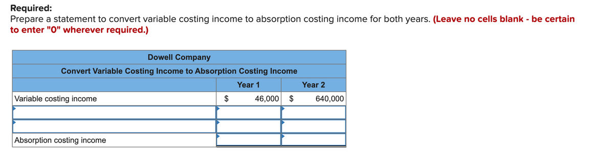 Required:
Prepare a statement to convert variable costing income to absorption costing income for both years. (Leave no cells blank - be certain
to enter "O" wherever required.)
Dowell Company
Convert Variable Costing Income to Absorption Costing Income
Year 1
Year 2
Variable costing income
$
46,000
$
640,000
Absorption costing income
