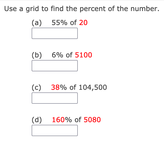 Use a grid to find the percent of the number.
(a) 55% of 20
(b) 6% of 5100
(c)
38% of 104,500
(d)
160% of 5080

