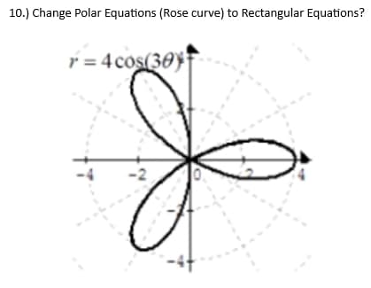 10.) Change Polar Equations (Rose curve) to Rectangular Equations?
r=4 cos(30)
J