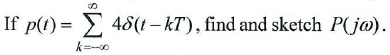 If p(t) = E 48(t – kT'), find and sketch P(jø).
k=-o
