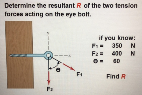Determine the resultant R of the two tension
forces acting on the eye bolt.
if you know:
F1 =
350
N
F2 =
400 N
e =
60
F1
Find R
F2
