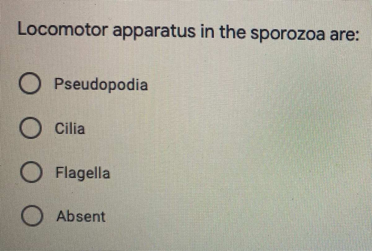 Locomotor apparatus in the sporozoa are:
O Pseudopodia
Cilia
O Flagella
Absent
