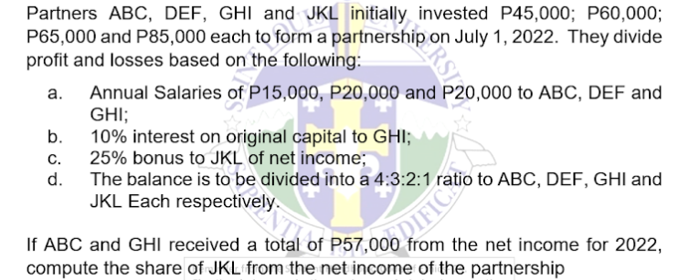 Partners ABC, DEF, GHI and JKL initially invested P45,000; P60,000;
P65,000 and P85,000 each to form a partnership on July 1, 2022. They divide
profit and losses based on the following:
a.
b.
C.
d.
chip RSIY A
Annual Salaries of P15,000, P20,000 and P20,000 to ABC, DEF and
GHI;
10% interest on original capital to GHI;
25% bonus to JKL of net income;
The balance is to be divided into a 4:3:2:1
JKL Each respectively.
If ABC and GHI received a total of P57.00 DIFICtio to ABC, DEF, GHI and
compute the share of JKL from the net income of the partnership
from the net income for 2022,