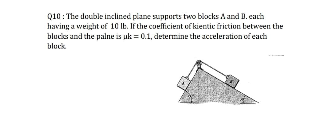 Q10: The double inclined plane supports two blocks A and B. each
having a weight of 10 lb. If the coefficient of kientic friction between the
blocks and the palne is uk = 0.1, determine the acceleration of each
block.
