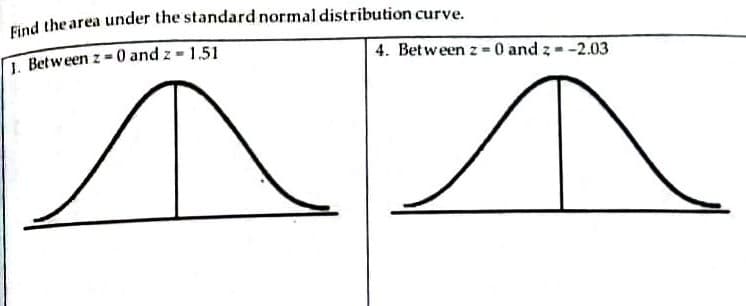 Find the area under the standard normal distribution curve.
1. Between z 0 and z - 1.51
4. Between z =0 and z - -2.03
