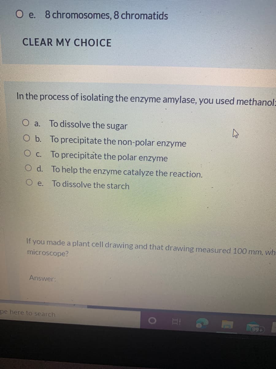 O e. 8 chromosomes, 8 chromatids
CLEAR MY CHOICE
In the process of isolating the enzyme amylase, you used methanol=
O a. To dissolve the sugar
O b. To precipitate the non-polar enzyme
O c. To precipitate the polar enzyme
O d. To help the enzyme catalyze the reaction.
O e.
To dissolve the starch
If you made a plant cell drawing and that drawing measured 100 mm, wh
microscope?
Answer:
pe here to search
99+
