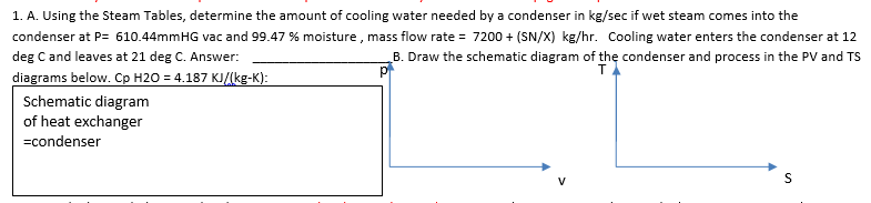 1. A. Using the Steam Tables, determine the amount of cooling water needed by a condenser in kg/sec if wet steam comes into the
condenser at P= 610.44mmHG vac and 99.47 % moisture , mass flow rate = 7200 + (SN/X) kg/hr. Cooling water enters the condenser at 12
deg C and leaves at 21 deg C. Answer:
B. Draw the schematic diagram of the condenser and process in the PV and TS
diagrams below. Cp H2O = 4.187 KJ/(kg-K):
Schematic diagram
of heat exchanger
=condenser
