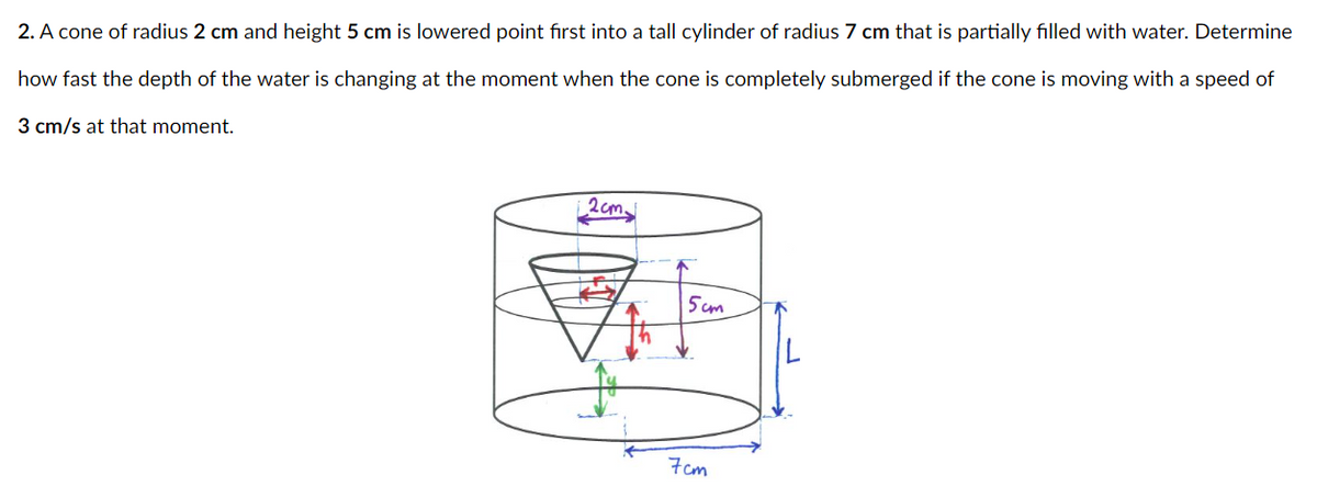 2. A cone of radius 2 cm and height 5 cm is lowered point first into a tall cylinder of radius 7 cm that is partially filled with water. Determine
how fast the depth of the water is changing at the moment when the cone is completely submerged if the cone is moving with a speed of
3 cm/s at that moment.
2cm
5 cm
7cm

