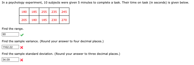 In a psychology experiment, 10 subjects were given 5 minutes to complete a task. Their time on task (in seconds) is given below.
185 255 235 245
180 185 230
180
205
Find the range.
90
270
Find the sample variance. (Round your answer to four decimal places.)
1162.22 x
Find the sample standard deviation. (Round your answer to three decimal places.)
34.09
x
