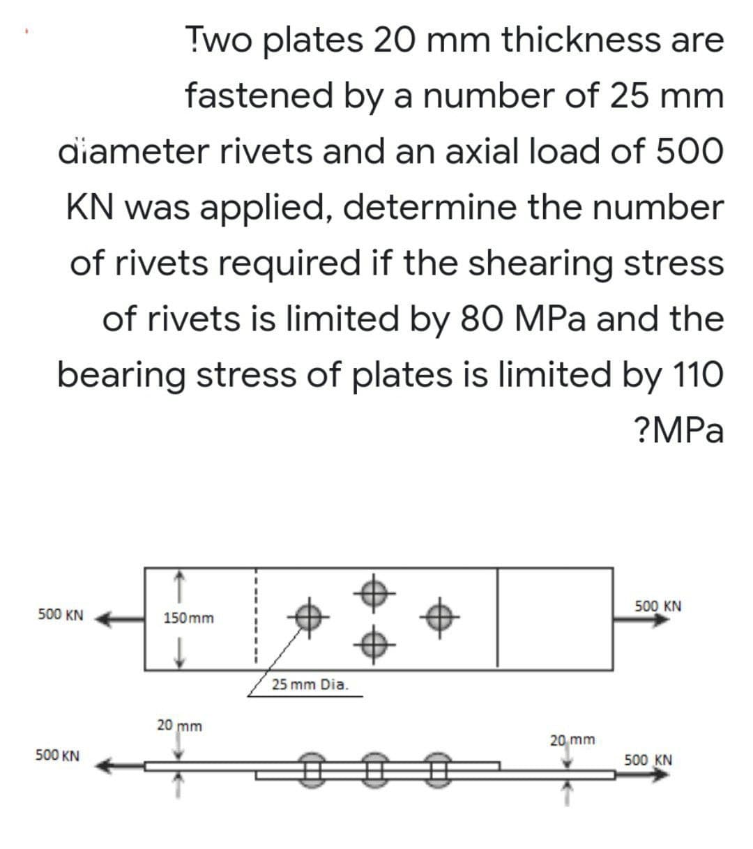 Two plates 20 mm thickness are
fastened by a number of 25 mm
diameter rivets and an axial load of 500
KN was applied, determine the number
of rivets required if the shearing stress
of rivets is limited by 80 MPa and the
bearing stress of plates is limited by 110
?MPa
500 KN
500 KN
150mm
25 mm Dia.
20 mm
500 KN
20 mm
500 KN