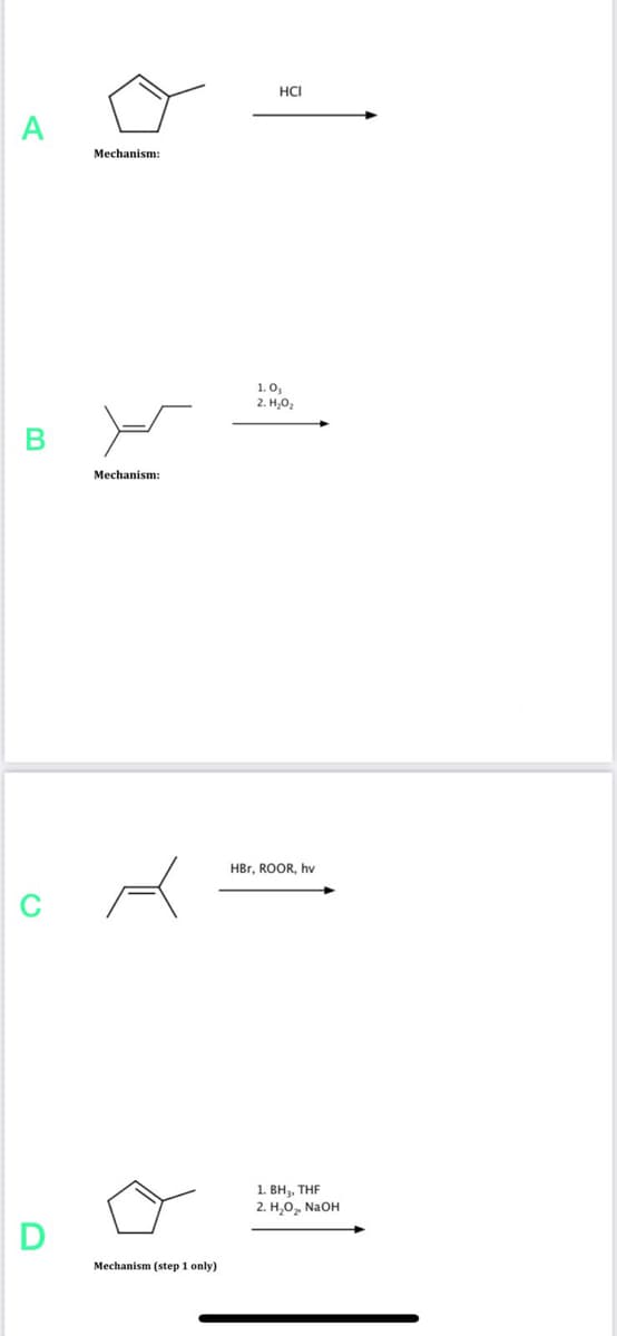 A
B
D
Mechanism:
Mechanism:
Mechanism (step 1 only)
HCI
1.0₁
2. H₂O₂
HBr, ROOR, hv
1. BH₂, THF
2. H₂O₂, NaOH