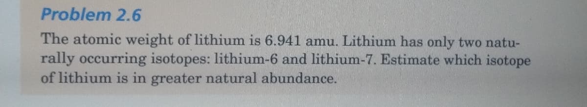 Problem 2.6
The atomic weight of lithium is 6.941 amu. Lithium has only two natu-
rally occurring isotopes: lithium-6 and lithium-7. Estimate which isotope
of lithium is in greater natural abundance.
