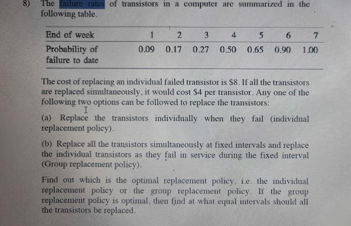 8)
The Failure rates of transistors in a computer are summarized in the
following table.
End of week
1
3
Probability of
failure to date
0.09
0.17
0.27
0.50
0.65
0.90
1.00
The cost of replacing an individual failed transistor is $8. If all the transistors
are replaced simultaneously, it would cost S4 per transistor. Any one of the
following two options can be followed to replace the transistors:
I
(a) Replace the transistors individually when they fail (individual
replacement policy).
(b) Replace all the transistors simultaneously at fixed intervals and replace
the individual transistors as they fail in service during the fixed interval
(Group replacement poliey).
Find out which is the optimal replacement policy, i.e. the individual
replacement policy or the group replacement policy If the group
replacement policy is optimal, then find at what equal intervals should all
the transistors be replaced.
