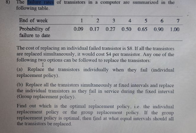 8)
The Failure rates of transistors in a computer are summarized in the
following table.
End of week
1
3
4
Probability of
failure to date
0.09
0.17
0.27
0.50
0.65 0.90
1.00
The cost of replacing an individual failed transistor is $8. If all the transistors
are replaced simultaneously, it would cost $4 per transistor. Any one of the
following two options can be followed to replace the transistors:
(a) Replace the transistors individually when they fail (individual
replacement policy).
(b) Replace all the transistors simultaneously at fixed intervals and replace
the individual transistors as they fail in service during the fixed interval
(Group replacement policy).
Find out which is the optimal replacement policy, i.e. the individual
replacement policy or the group replacement policy. If the group
replacement policy is optimal, then find at what equal intervals should all
the transistors be replaced.

