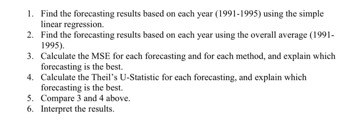 1. Find the forecasting results based on each year (1991-1995) using the simple
linear regression.
2. Find the forecasting results based on each year using the overall average (1991-
1995).
3. Calculate the MSE for each forecasting and for each method, and explain which
forecasting is the best.
4.
5. Compare 3 and 4 above.
6. Interpret the results.
Calculate the Theil's U-Statistic for each forecasting, and explain which
forecasting is the best.