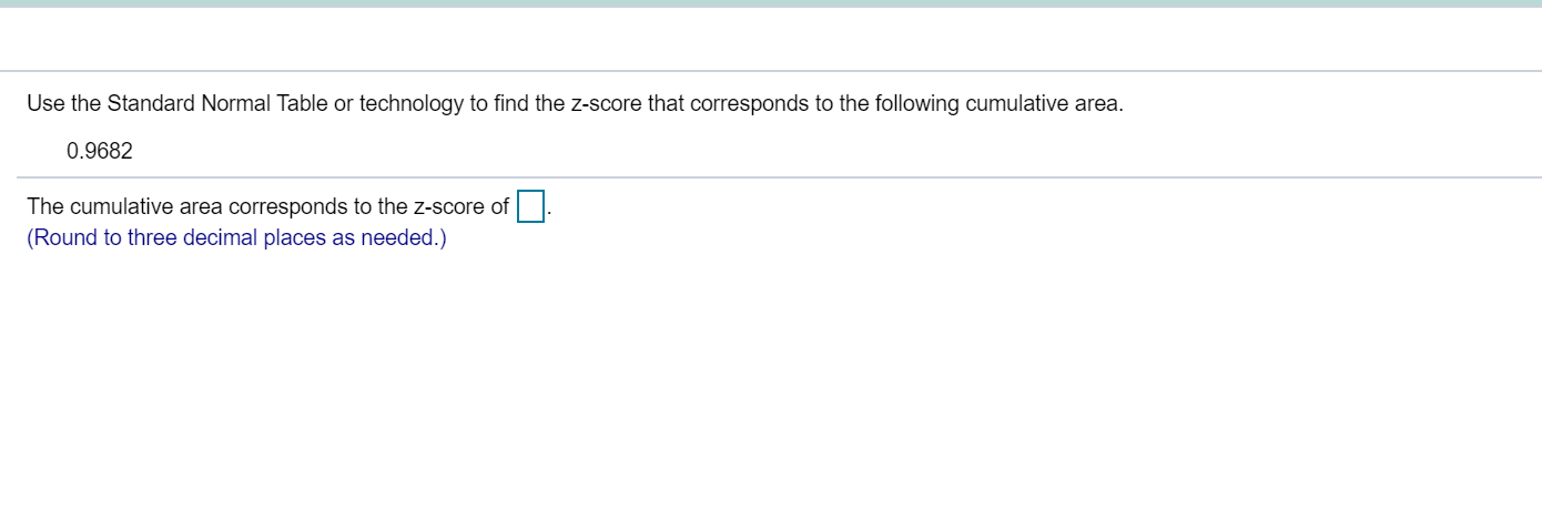 Use the Standard Normal Table or technology to find the z-score that corresponds to the following cumulative area.
0.9682
The cumulative area corresponds to the z-score of.
(Round to three decimal places as needed.)
