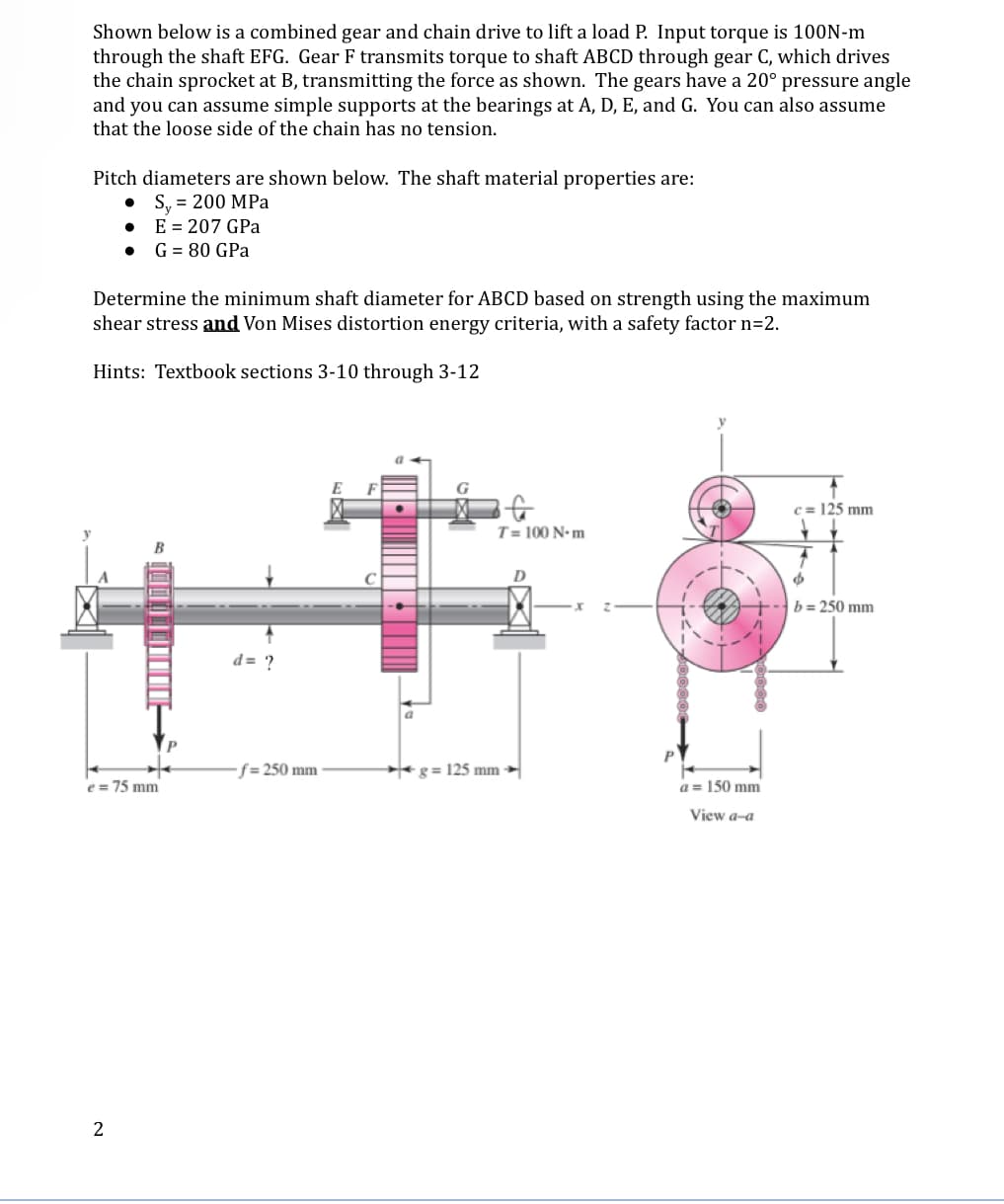 Shown below is a combined gear and chain drive to lift a load P. Input torque is 100N-m
through the shaft EFG. Gear F transmits torque to shaft ABCD through gear C, which drives
the chain sprocket at B, transmitting the force as shown. The gears have a 20° pressure angle
and you can assume simple supports at the bearings at A, D, E, and G. You can also assume
that the loose side of the chain has no tension.
Pitch diameters are shown below. The shaft material properties are:
• S₁ = 200 MPa
⚫ E = 207 GPa
• G = 80 GPa
Determine the minimum shaft diameter for ABCD based on strength using the maximum
shear stress and Von Mises distortion energy criteria, with a safety factor n=2.
Hints: Textbook sections 3-10 through 3-12
B
d= ?
E
-f=250 mm
g=125 mm
e = 75 mm
2
c = 125 mm
T= 100 N-m
a = 150 mm
View a-a
b=250 mm