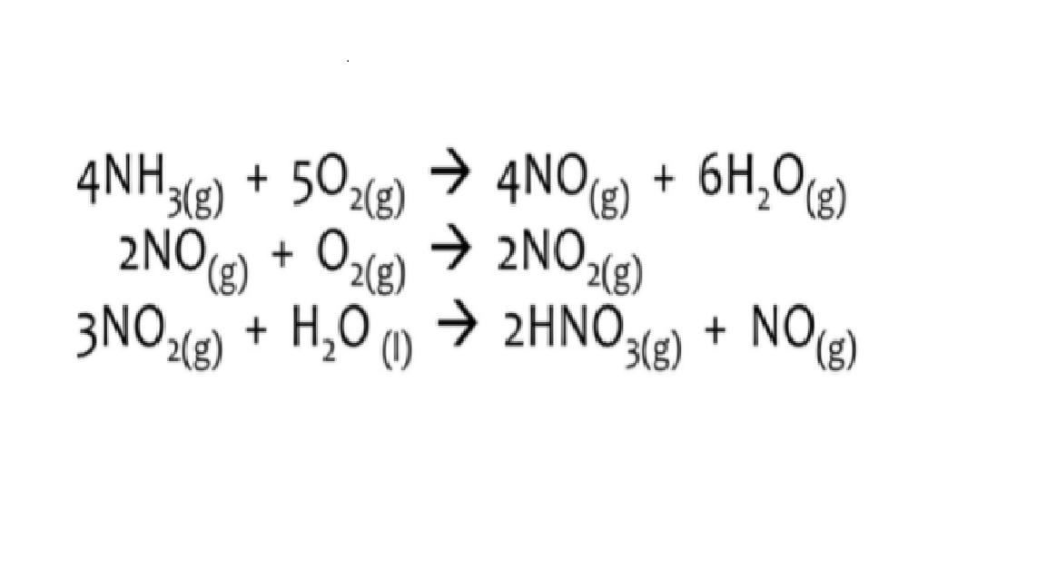 → 4NO) + 6H,0g)
4NH3(8)
2NO) + Oz@) → 2NO-(8)
3NO2(e)
2(g)
+ Oz(g)
2(g)
+ NO,
(),
+ H,0 () → 2HNO3(3)
H,O M
3(g)
(g)
