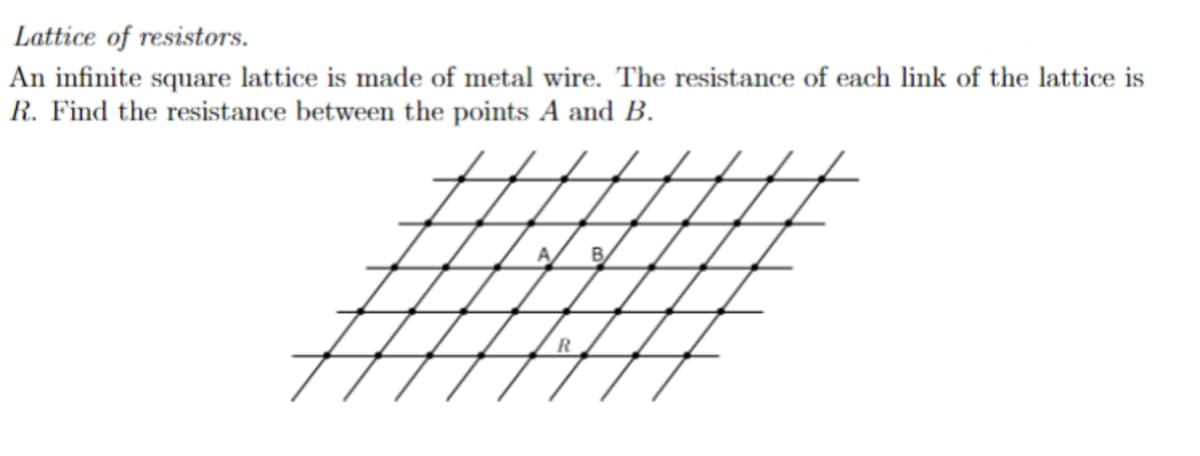 Lattice of resistors.
An infinite square lattice is made of metal wire. The resistance of each link of the lattice is
R. Find the resistance between the points A and B.
R
