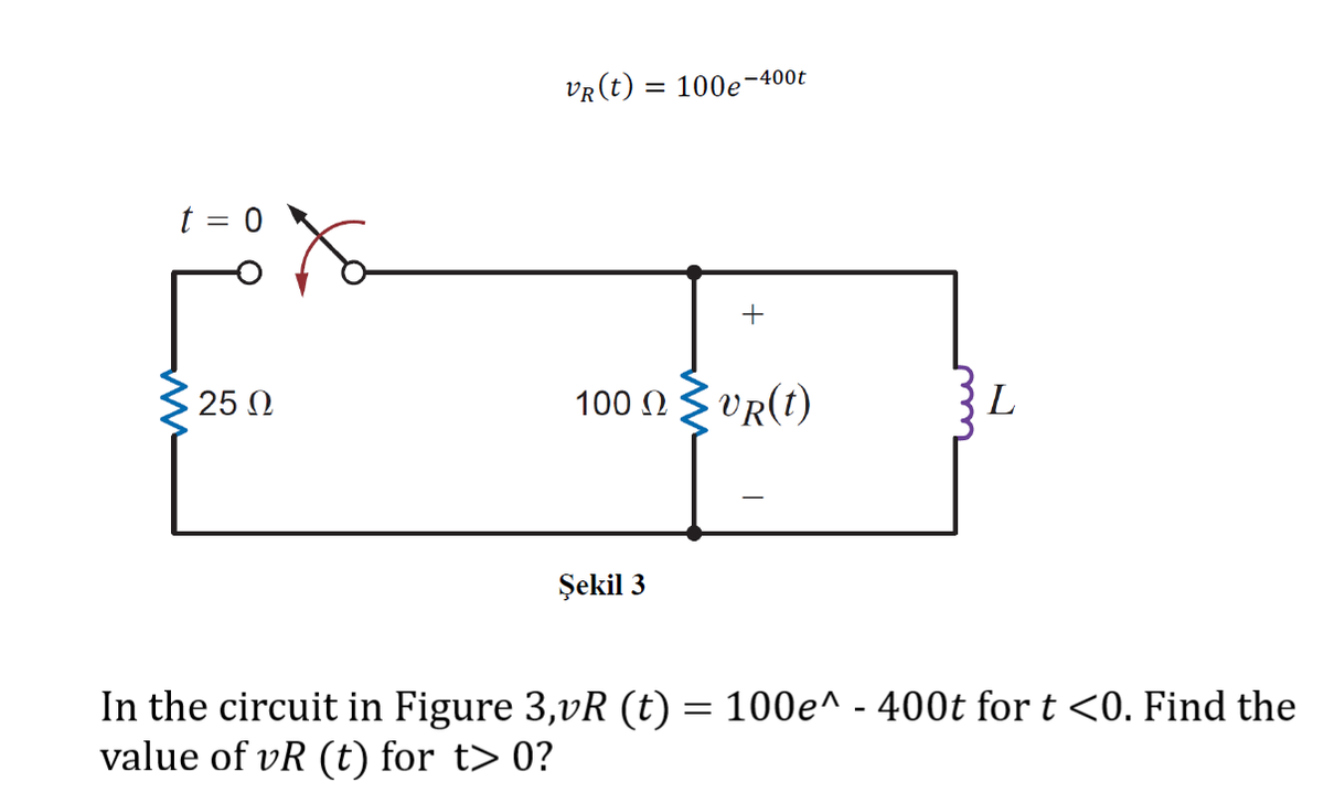 VR(t) = 100e-400t
t = 0
+
25 0
100 Ωυr(t)
L
-
Şekil 3
In the circuit in Figure 3,vR (t) = 100e^ - 400t for t <0. Find the
value of vR (t) for t> 0?
