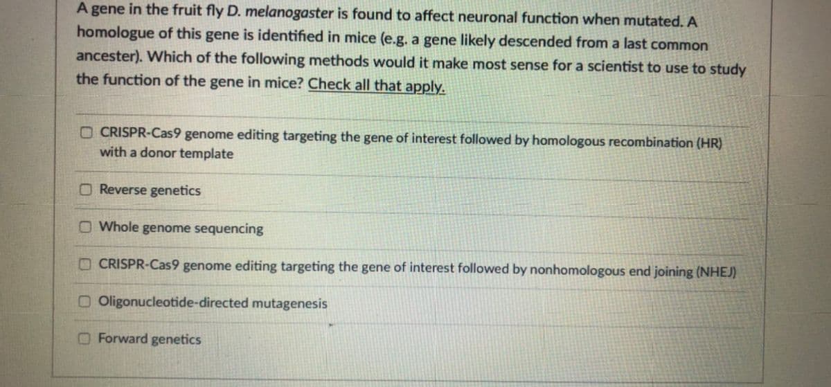 A gene in the fruit fly D. melanogaster is found to affect neuronal function when mutated. A
homologue of this gene is identified in mice (e.g. a gene likely descended from a last common
ancester). Which of the following methods would it make most sense for a scientist to use to study
the function of the gene in mice? Check all that apply.
O CRISPR-Cas9 genome editing targeting the gene of interest followed by homologous recombination (HR)
with a donor template
O Reverse genetics
O Whole genome sequencing
OCRISPR-Cas9 genome editing targeting the gene of interest followed by nonhomologous end joining (NHEJ)
O Oligonucleotide-directed mutagenesis
OForward genetics
