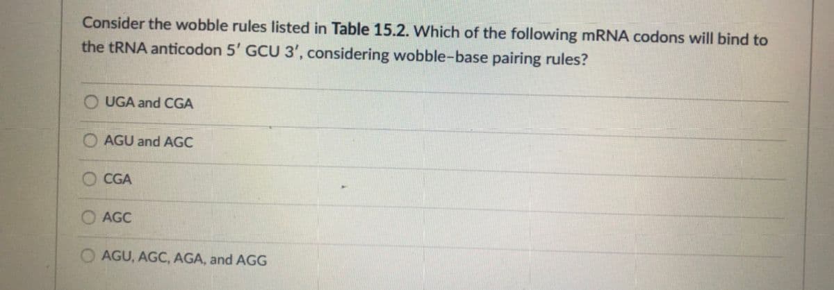 Consider the wobble rules listed in Table 15.2. Which of the following mRNA codons will bind to
the TRNA anticodon 5' GCU 3', considering wobble-base pairing rules?
UGA and CGA
AGU and AGC
CGA
AGC
O AGU, AGC, AGA, and AGG
