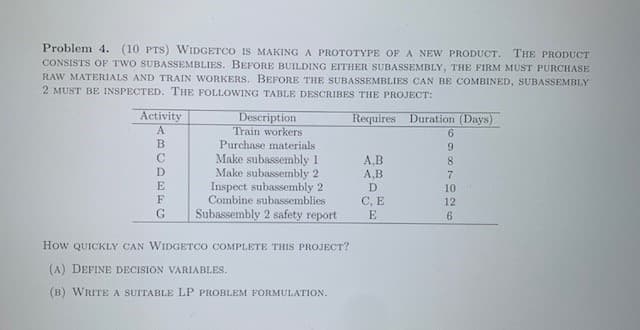 Problem 4. (10 PTS) WIDGETCO IS MAKING A PROTOTYPE OF A NEW PRODUCT
CONSISTS OF TWO SUBASSEMBLIES. BEFORE BUILDING EITHER SUBASSEMBLY, THE FIRM MUST PURCHASE
RAW MATERIALS AND TRAIN WORKERS. BEFORE THE SUBASSEMBLIES CAN BE COMBINED, SUBASSEMBLY
2 MUST BE INSPECTED. THE FOLLOWING TABLE DESCRIBES THE PROJECT:
THE PRODUCT
Activity
Description
Train workers
Purchase materials
Make subassembly 1
Make subassembly 2
Inspect subassembly 2
Combine subassemblies
Subassembly 2 safety report
Duration (Days)
Requires
A
6
B
9
C
A,B
8
D
A,B
7
D
10
F
C, E
12
G
6
How QUICKLY CAN WIDGETCO COMPLETE THIS PROJECT?
(A) DEFINE DECISION VARIABLES.
(B) WRITE A SUITABLE LP PROBLEM FORMULATION.
2%
