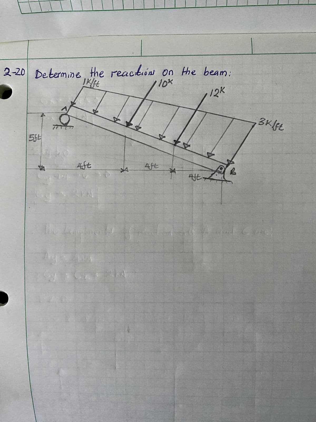 2-20 Determine the reactions on the beam:
I Kft
10k
12K
Of
5ft
34
9
INS
Y
4ft
LIN
BEN
4ft
Aft
B
3 klft