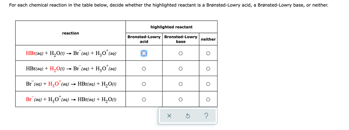 For each chemical reaction in the table below, decide whether the highlighted reactant is a Brønsted-Lowry acid, a Brønsted-Lowry base, or neither.
highlighted reactant
reaction
Bronsted-Lowry Bronsted-Lowry
neither
acid
base
+
HBr(aq) + H,O()
Br (aq) + H,О (ад)
HBr(aq) + H,O(1) → Br (aq) + H30'(aq)
Br (aq) + H;О (ад)
HBr(aq) + H,O(1)
Br (aq) + H,O'(aq) –
- HBr(aq) + H,0(1)
