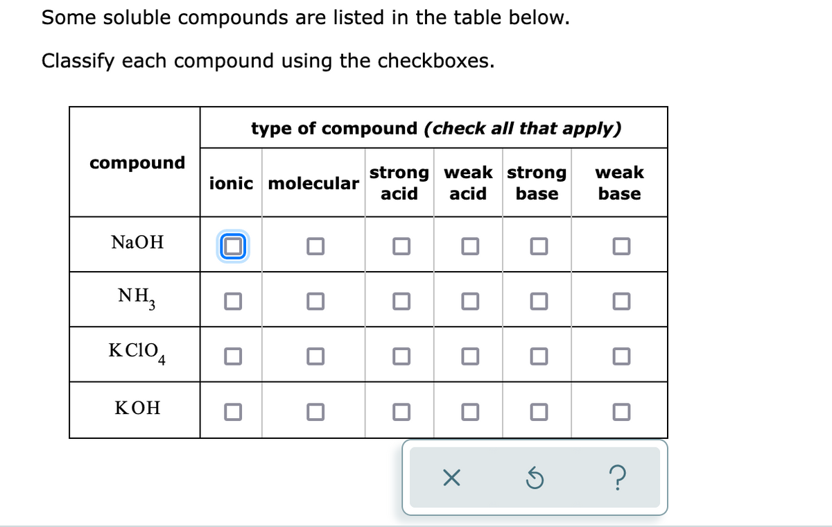 Some soluble compounds are listed in the table below.
Classify each compound using the checkboxes.
type of compound (check all that apply)
compound
weak
strong weak strong
acid
ionic molecular
acid
base
base
NaOH
NH3
KCIO4
КОН
