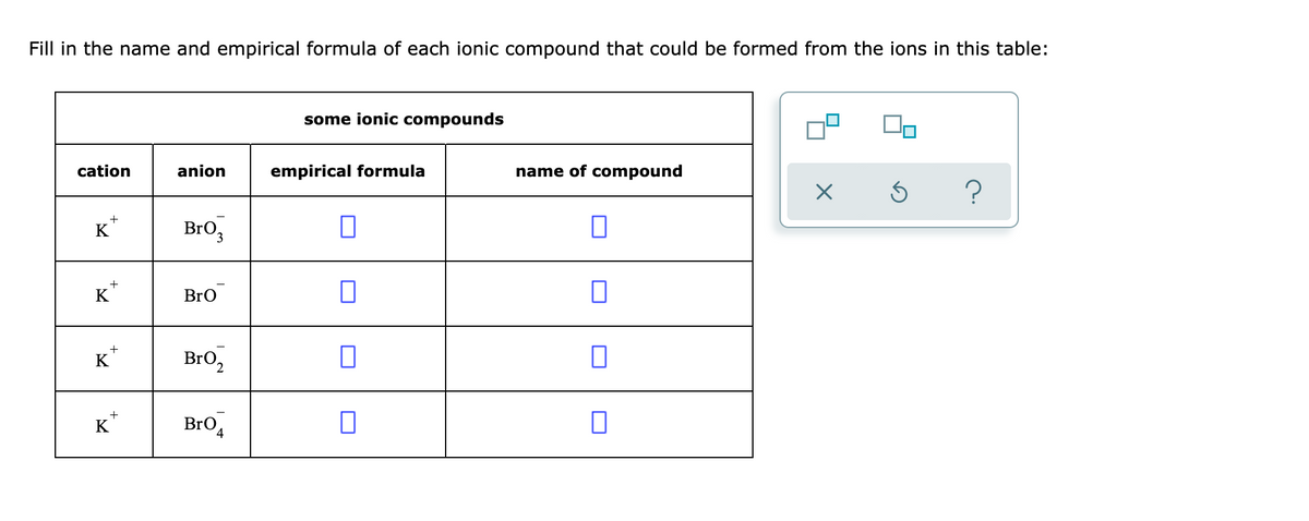 Fill in the name and empirical formula of each ionic compound that could be formed from the ions in this table:
some ionic compounds
anion
empirical formula
name of compound
cation
K
BrO,
K
BrO
BrO2
K
+
K
BrOд
