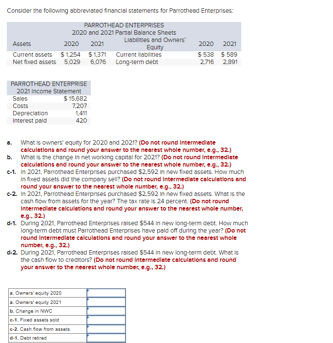 Consider the following abbreviated financial statements for Parrothead Enterprises:
PARROTHEAD ENTERPRISES
2020 and 2021 Partial Balance Sheets
Liabilities and Owners'
Assets
2020
2021
2020 2021
Equity
Current assets
$1,254
$1,371
Current liabilities
$ 538 $589
Net fixed assets 5,029
6,076
Long-term debt
2,716 2,891
PARROTHEAD ENTERPRISE
2021 Income Statement
Sales
$ 15,682
Costs
7,207
Depreciation
1,411
Interest pald
420
a.
What is owners' equity for 2020 and 2021? (Do not round Intermediate
calculations and round your answer to the nearest whole number, e.g., 32.)
b. What is the change in net working capital for 2021? (Do not round Intermediate
calculations and round your answer to the nearest whole number, e.g., 32.)
c-1. In 2021, Parrothead Enterprises purchased $2,592 in new fixed assets. How much
In fixed assets did the company sell? (Do not round Intermediate calculations and
round your answer to the nearest whole number, e.g., 32.)
c-2. In 2021, Parrothead Enterprises purchased $2,592 in new fixed assets. What is the
cash flow from assets for the year? The tax rate is 24 percent. (Do not round
Intermediate calculations and round your answer to the nearest whole number,
e.g., 32.)
d-1. During 2021, Parrothead Enterprises raised $544 in new long-term debt. How much
long-term debt must Parrothead Enterprises have paid off during the year? (Do not
round Intermediate calculations and round your answer to the nearest whole
number, e.g., 32.)
d-2. During 2021, Parrothead Enterprises raised $544 in new long-term debt. What is
the cash flow to creditors? (Do not round intermediate calculations and round
your answer to the nearest whole number, e.g., 32.)
a. Owners' equity 2020
a. Owners' equity 2021
b. Change in NWC
c-1. Fixed assets sold
c-2. Cash flow from assets
d-1. Debt retired