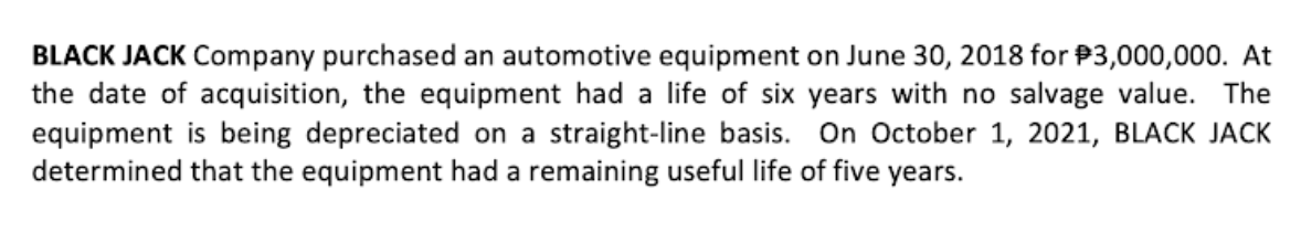 BLACK JACK Company purchased an automotive equipment on June 30, 2018 for $3,000,000. At
the date of acquisition, the equipment had a life of six years with no salvage value. The
equipment is being depreciated on a straight-line basis. On October 1, 2021, BLACK JACK
determined that the equipment had a remaining useful life of five years.