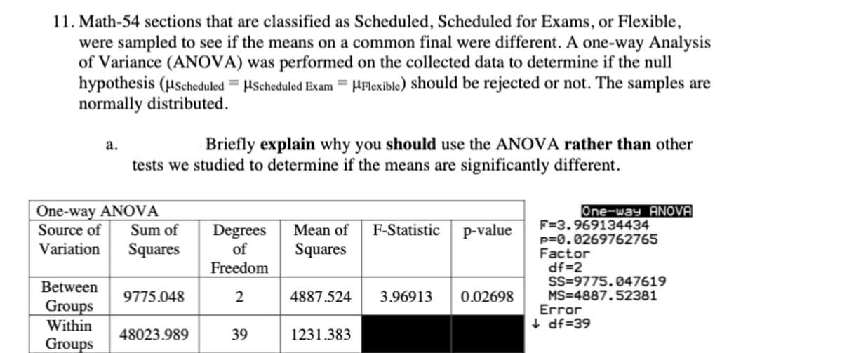 11. Math-54 sections that are classified as Scheduled, Scheduled for Exams, or Flexible,
were sampled to see if the means on a common final were different. A one-way Analysis
of Variance (ANOVA) was performed on the collected data to determine if the null
hypothesis (uscheduled = Hscheduled Exam = Hflexible) should be rejected or not. The samples are
normally distributed.
а.
Briefly explain why you should use the ANOVA rather than other
tests we studied to determine if the means are significantly different.
One-way ANOVA
Source of
One-way ANOVA
F-Statistic p-value
F=3.969134434
p=0.0269762765
Factor
df=2
SS=9775.047619
MS=4887.52381
Error
+ df=39
Sum of
Mean of
Degrees
of
Variation
Squares
Squares
Freedom
Between
9775.048
4887.524
3.96913
0.02698
Groups
Within
48023.989
39
1231.383
Groups
