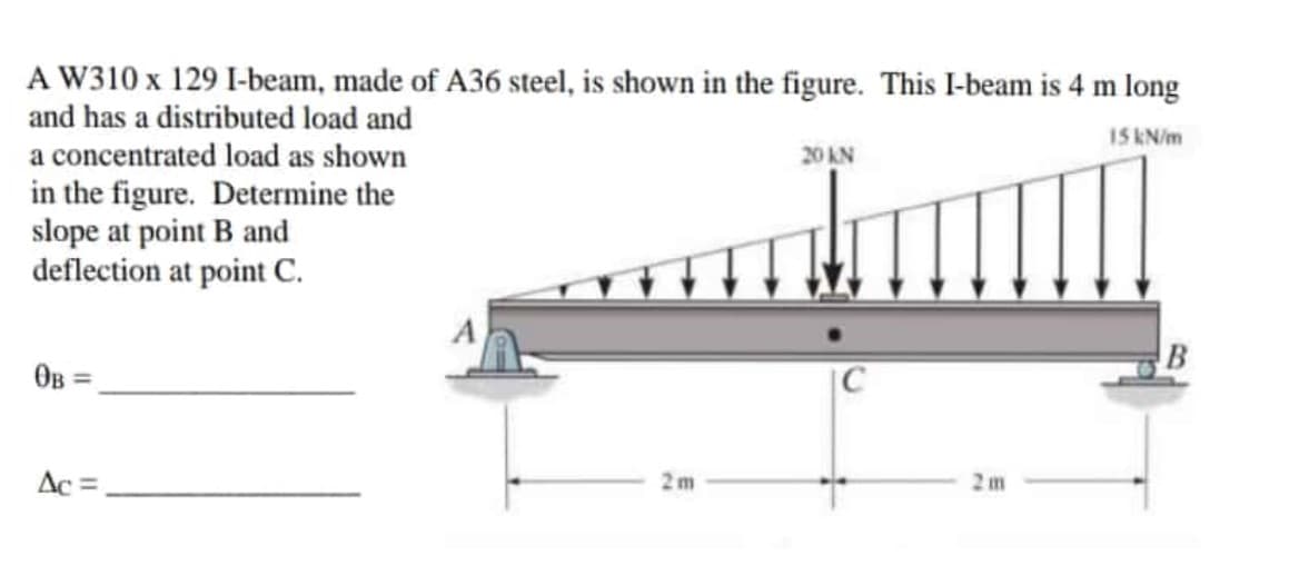 A W310 x 129 I-beam, made of A36 steel, is shown in the figure. This I-beam is 4 m long
and has a distributed load and
a concentrated load as shown
15 kN/m
20 AN
in the figure. Determine the
slope at point B and
deflection at point C.
OB :
|C
%3D
Ac =
2m
2m
