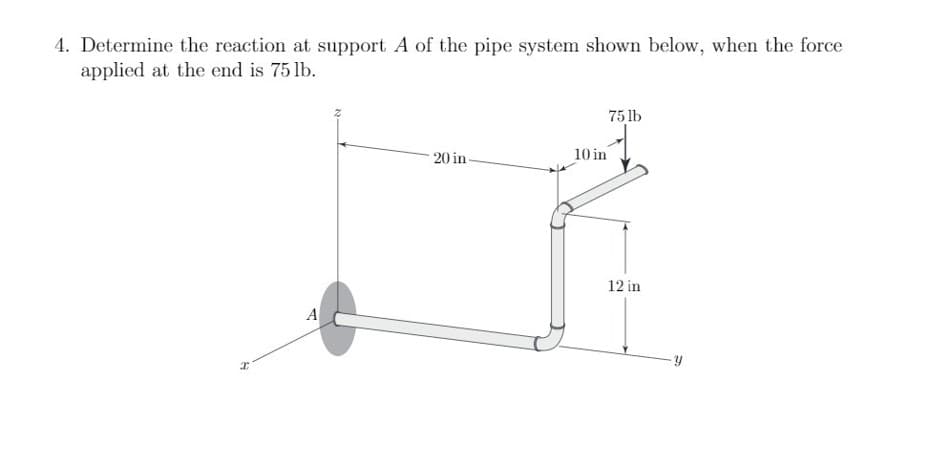 4. Determine the reaction at support A of the pipe system shown below, when the force
applied at the end is 75 lb.
75 lb
20 in
10 in
12 in
A
