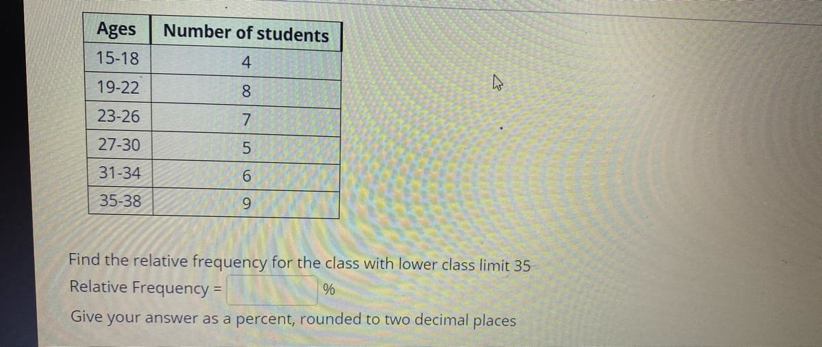 Ages
Number of students
15-18
4
19-22
8.
23-26
7
27-30
31-34
35-38
Find the relative frequency for the class with lower class limit 35
Relative Frequency =
Give your answer as a percent, rounded to two decimal places
569
