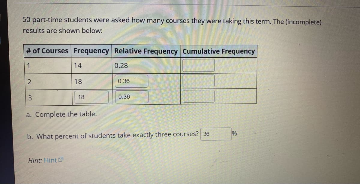 50 part-time students were asked how many courses they were taking this term. The (incomplete)
results are shown below:
# of Courses Frequency Relative Frequency Cumulative Frequency
14
0.28
18
0.36
3.
18
0.36
a. Complete the table.
%
b. What percent of students take exactly three courses? 36
Hint: Hint
