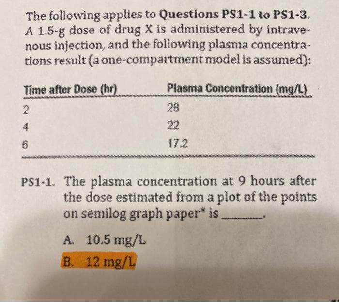 The following applies to Questions PS1-1 to PS1-3.
A 1.5-g dose of drug X is administered by intrave-
nous injection, and the following plasma concentra-
tions result (a one-compartment model is assumed):
Time after Dose (hr)
Plasma Concentration (mg/L)
28
22
6.
17.2
PS1-1. The plasma concentration at 9 hours after
the dose estimated from a plot of the points
on semilog graph paper* is,
A. 10.5 mg/L
B. 12 mg/L
