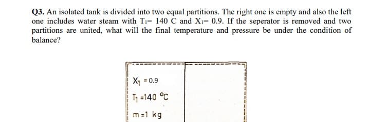 Q3. An isolated tank is divided into two equal partitions. The right one is empty and also the left
one includes water steam with T1= 140 C and X1= 0.9. If the seperator is removed and two
partitions are united, what will the final temperature and pressure be under the condition of
balance?
X = 0.9
T =140 °C
m =1 kg
