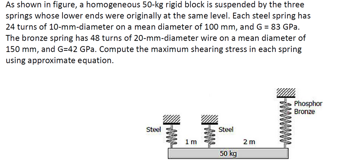 As shown in figure, a homogeneous 50-kg rigid block is suspended by the three
springs whose lower ends were originally at the same level. Each steel spring has
24 turns of 10-mm-diameter on a mean diameter of 100 mm, and G = 83 GPa.
The bronze spring has 48 turns of 20-mm-diameter wire on a mean diameter of
150 mm, and G=42 GPa. Compute the maximum shearing stress in each spring
using approximate equation.
Steel
ww
1 m
Steel
50 kg
2m
Phosphor
Bronze