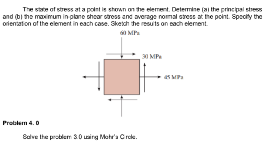 The state of stress at a point is shown on the element. Determine (a) the principal stress
and (b) the maximum in-plane shear stress and average normal stress at the point. Specify the
orientation of the element in each case. Sketch the results on each element.
60 MPa
30 MPa
45 MPa
Problem 4. 0
Solve the problem 3.0 using Mohr's Circle.
