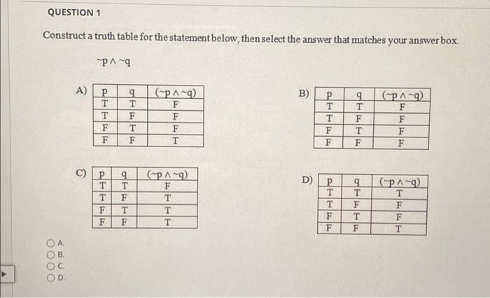 QUESTION 1
Construct a truth table for the statement below, then select the answer that matches your answer box.
0000
ABUD
B.
b-vd
A) P
T
TFF
T
C) P
PTTE
F
F
TTFTE
b
GE
b
T
FTE
Т
F
(p^~q)
F
F
F
T
(~p^~q)
F
FFF
T
T
T
B)
D)
DU
P
T
T
F
F
PTTEE
F
F
b
T
F
TF
1TFTE
b
(~p^-g)
F
F
F
F
(~p^~q)
ATFF
T