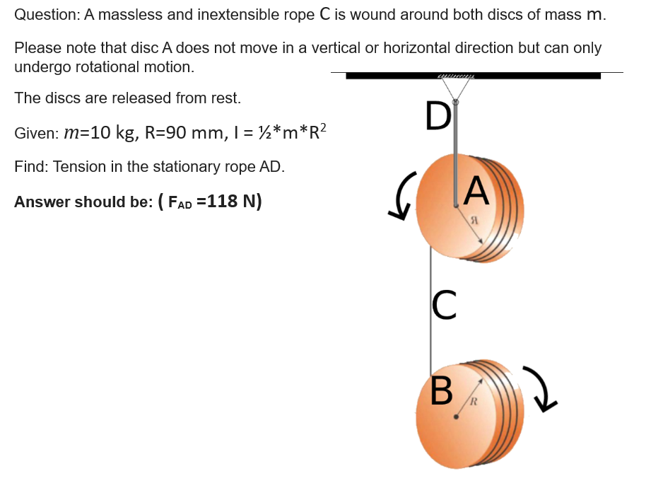 Question: A massless and inextensible rope C is wound around both discs of mass m.
Please note that disc A does not move in a vertical or horizontal direction but can only
undergo rotational motion.
The discs are released from rest.
Given: m=10 kg, R=90 mm, 1 = ½*m*R²
Find: Tension in the stationary rope AD.
Answer should be: (FAD =118 N)
Di
(A
A
A
C
B
R