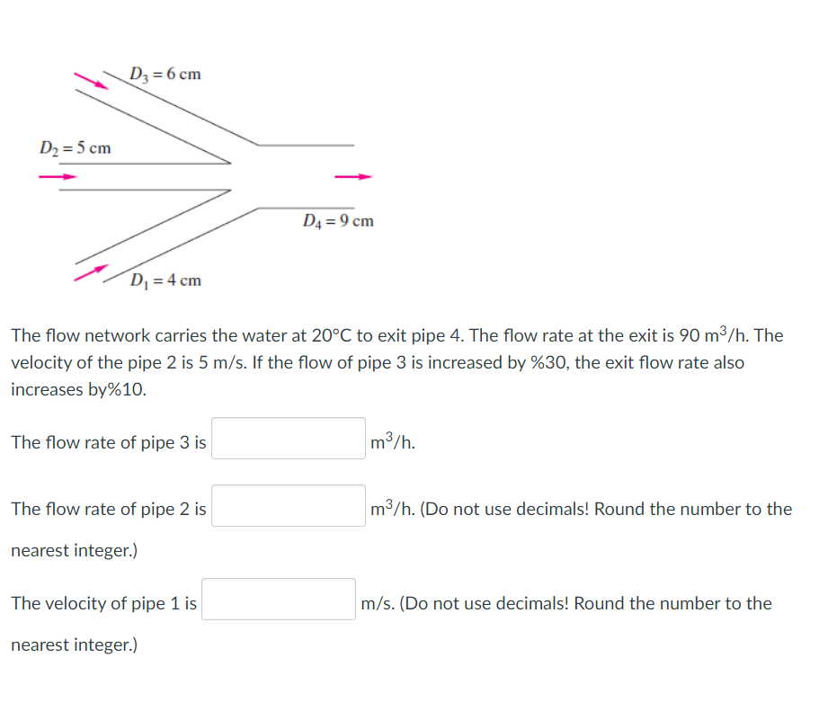 D₂ = 5 cm
D3 = 6 cm
D₁ = 4 cm
The flow network carries the water at 20°C to exit pipe 4. The flow rate at the exit is 90 m³/h. The
velocity of the pipe 2 is 5 m/s. If the flow of pipe 3 is increased by %30, the exit flow rate also
increases by%10.
The flow rate of pipe 3 is
The flow rate of pipe 2 is
nearest integer.)
D4 = 9 cm
The velocity of pipe 1 is
nearest integer.)
m³/h.
m³/h. (Do not use decimals! Round the number to the
m/s. (Do not use decimals! Round the number to the