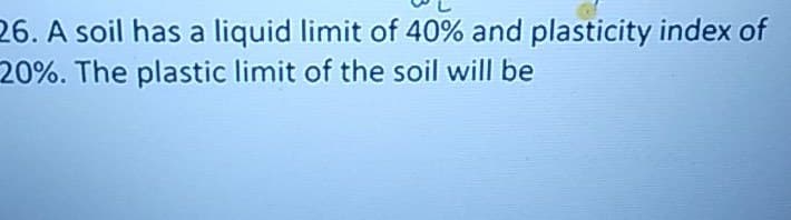 26. A soil has a liquid limit of 40% and plasticity index of
20%. The plastic limit of the soil will be