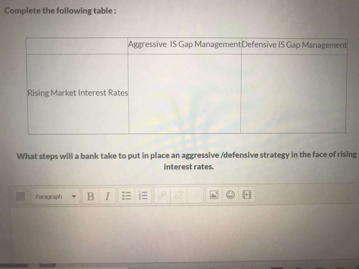 Complete the following table :
Aggressive IS Gap ManagementDefensive IS Gap Management
Rising Market Interest Rates
What steps will a bank take to put in place an aggressive /defensive strategy in the face of rising
interest rates.
Paragraph
BIEE
