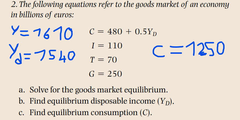 2. The following equations refer to the goods market of an economy
in billions of euros:
Y=1610
Yd=7540
C = 480 +0.5YD
I = 110
T = 70
G = 250
C=1250
a. Solve for the goods market equilibrium.
b. Find equilibrium disposable income (YD).
c. Find equilibrium consumption (C).